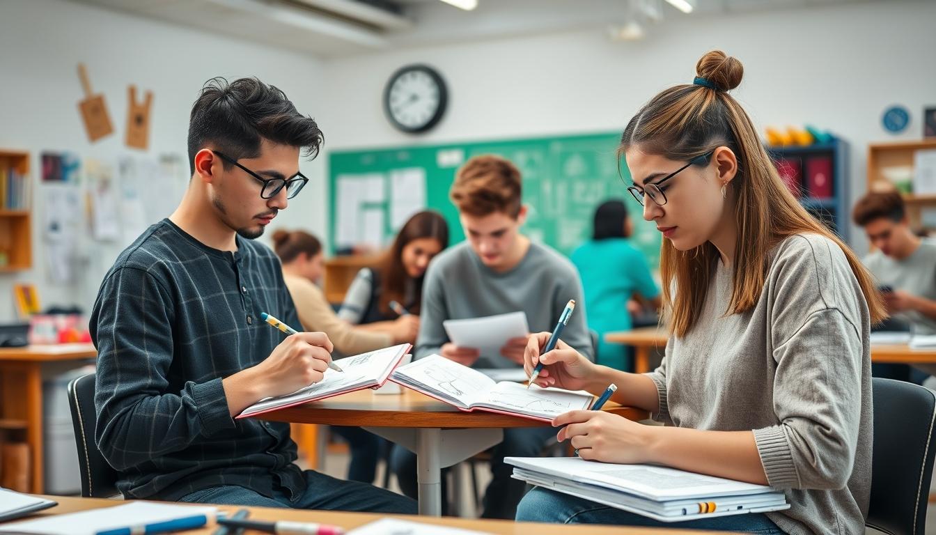 Students studying together in modern classroom